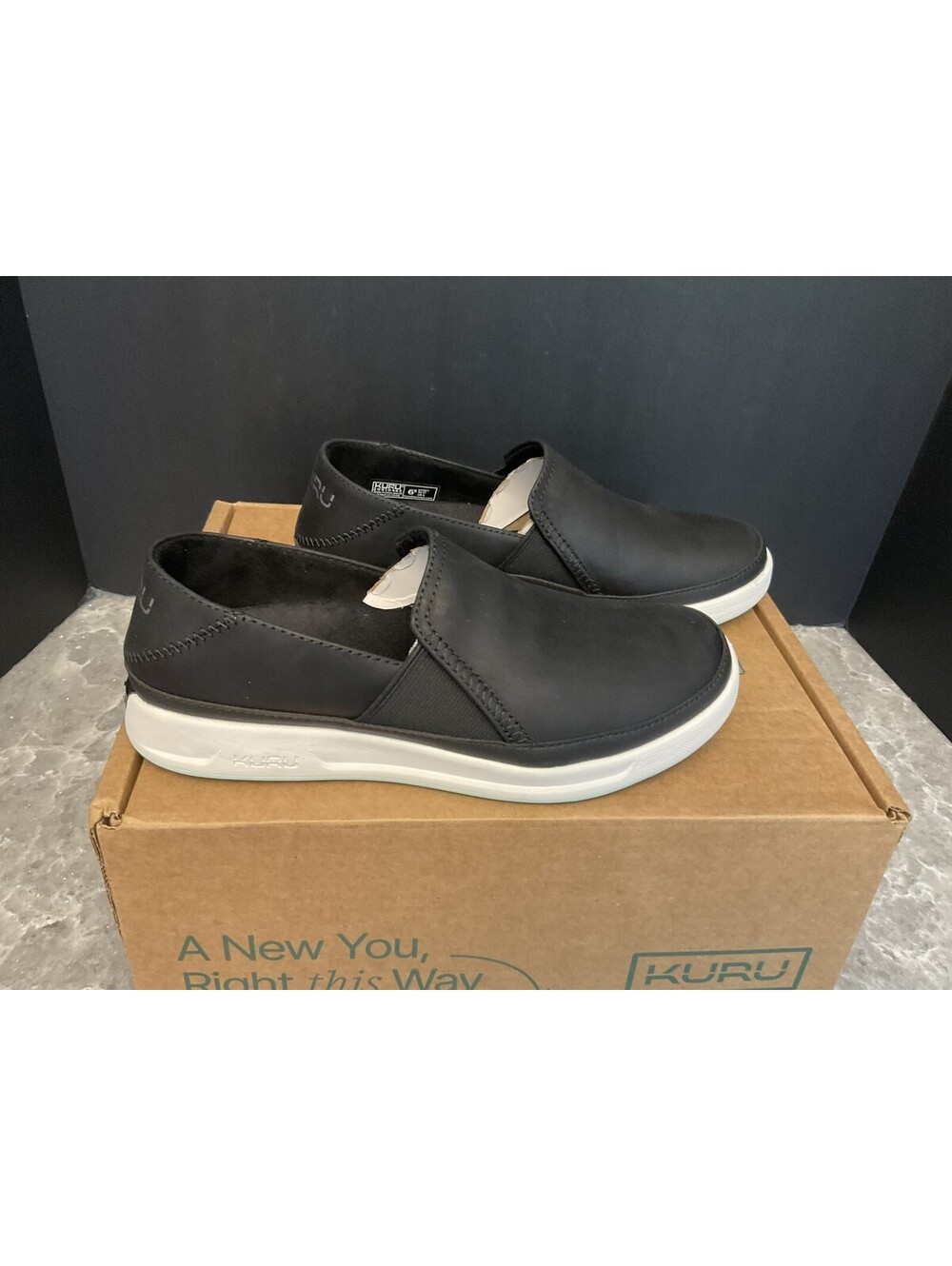New! Womens KURU Roam Atla Jet Black Leather Slip On Comfort Shoes. Size 6.5.